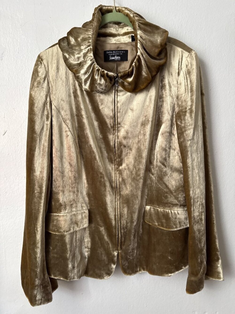 Vintage Gold Crushed Silk Blend Ruffled Collar Long Sleeves Full Zip-Front Sz 12